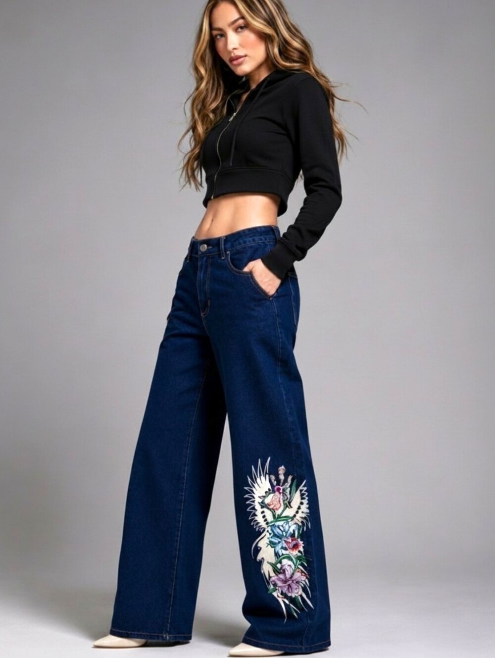ED HARDY Orchids Baggy Jeans WOMENS LARGE Wide Leg Rear LOGO Graphic Jeans NWT